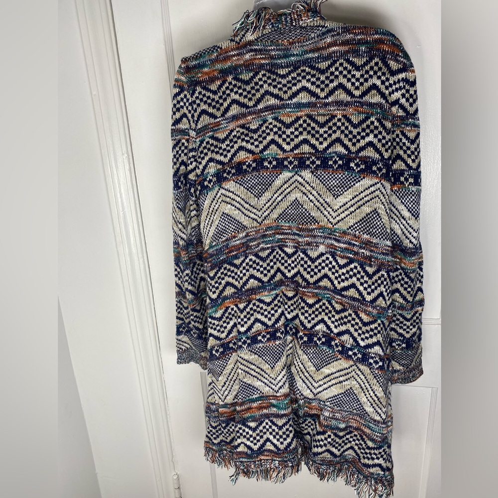 new directions Multicolor Fringe Open Front Cardigan - Cream, Navy, Brown, Teal - Picture 3 of 4